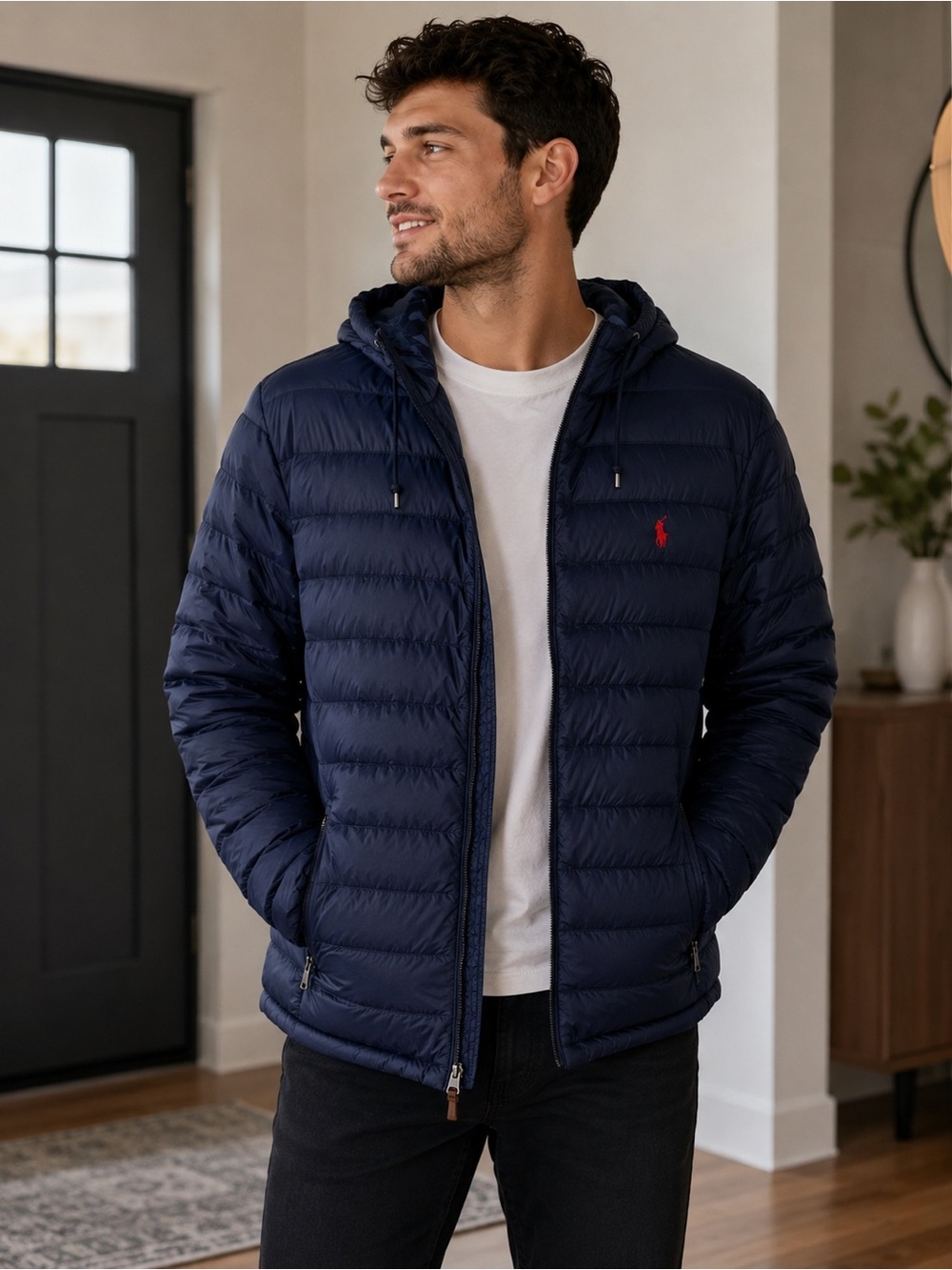 Polo Ralph Lauren Navy Blue Packable Puffer Jacket Hoodie Men's Size Large L